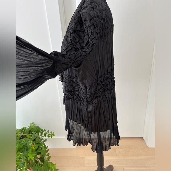 JOSEPH RIBKOFF Sheer Bell Sleeve Tie Front Black Jacket Crinkle High Low Ruffle - Picture 10 of 17